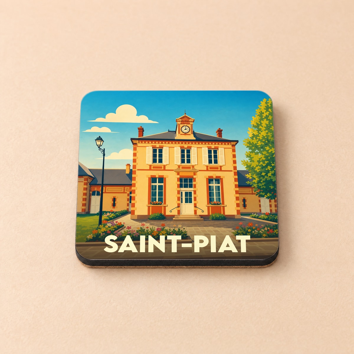 Dessous de verre souvenir de la ville de Saint-Piat avec une illustration stylisée de sa mairie.