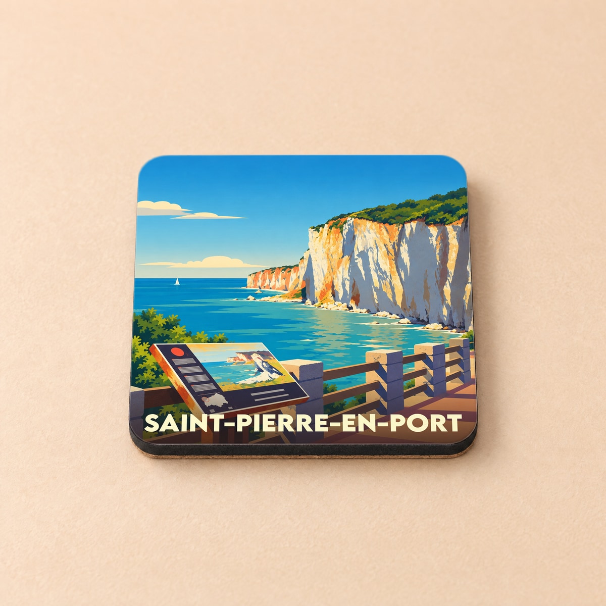 Dessous de verre souvenir de la ville de Saint-Pierre-en-Port avec une illustration stylisée de ses falaises.