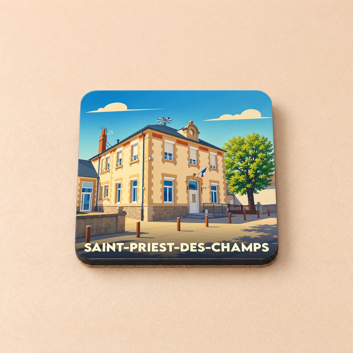 Dessous de verre souvenir de la ville de Saint-Priest-des-Champs avec une illustration stylisée de sa mairie.