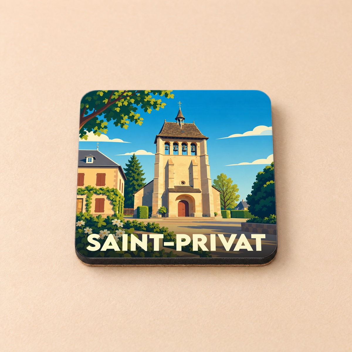 Dessous de verre souvenir de la ville de Saint-Privat avec une illustration stylisée de son église.