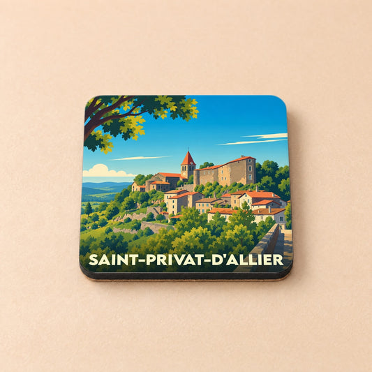 Dessous de verre souvenir de la ville de Saint-Privat-d'Allier avec une illustration stylisée.