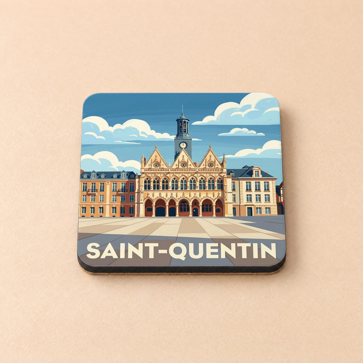 Dessous de verre souvenir de la ville de Saint-Quentin avec une illustration stylisée de son hôtel de ville.