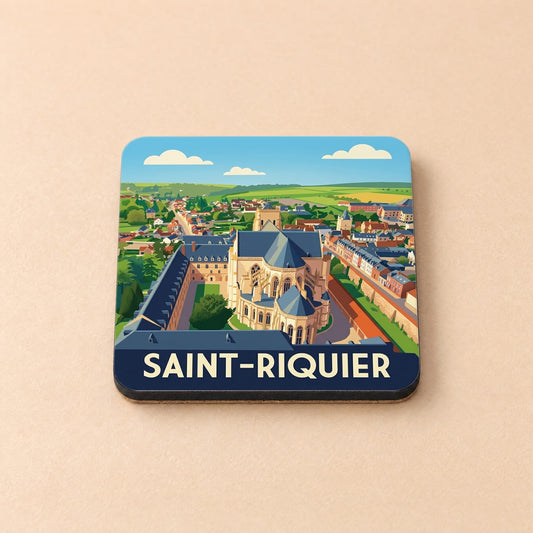 Dessous de verre souvenir de la ville de Saint-Riquier avec une illustration stylisée de son abbaye.