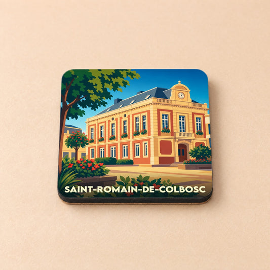 Dessous de verre souvenir de la ville de Saint-Romain-de-Colbosc avec une illustration stylisée de son hôtel de ville.
