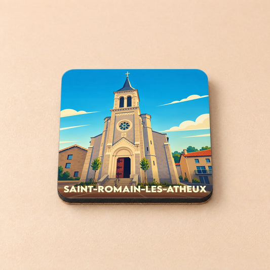 Dessous de verre souvenir de la ville de Saint-Romain-les-Atheux avec une illustration stylisée de son église.