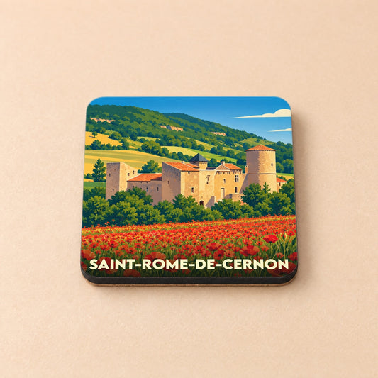 Dessous de verre souvenir de Saint-Rome-de-Cernon illustrant son château et un champ de coquelicots.