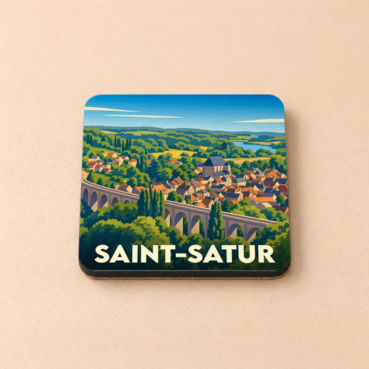Dessous de verre souvenir de la ville de Saint-Satur avec une illustration stylisée.