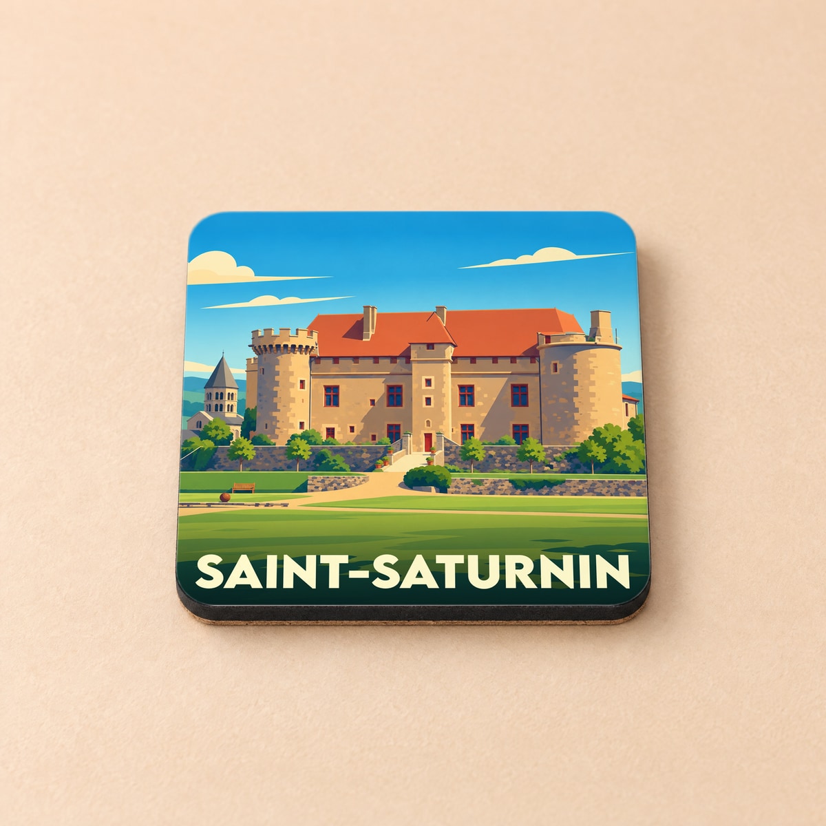 Dessous de verre souvenir de la ville de Saint-Saturnin avec une illustration stylisée de son château.