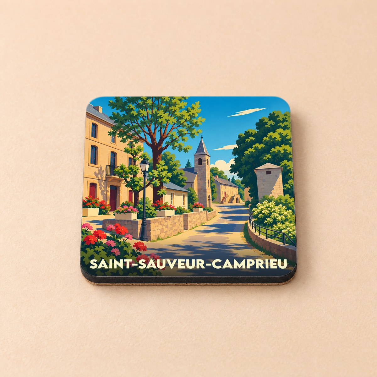 Dessous de verre souvenir de la ville de Saint-Sauveur-Camprieu avec une illustration stylisée d'une rue pittoresque.