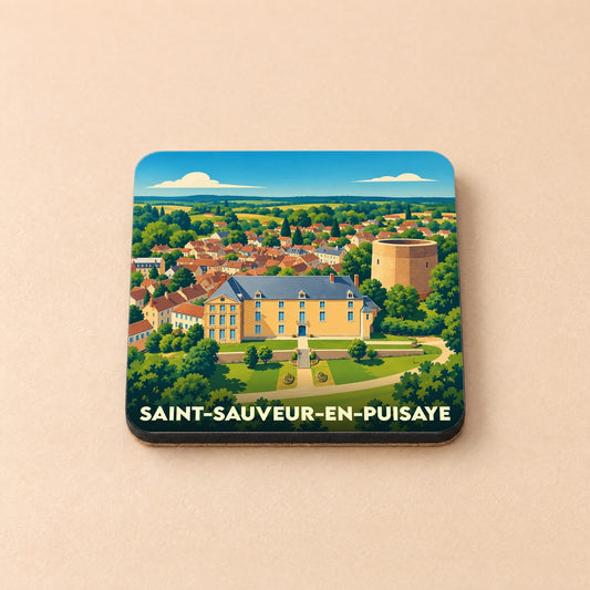 Dessous de verre souvenir de la ville de Saint-Sauveur-en-Puisaye avec une illustration stylisée du château et de la Tour Sarrasine.