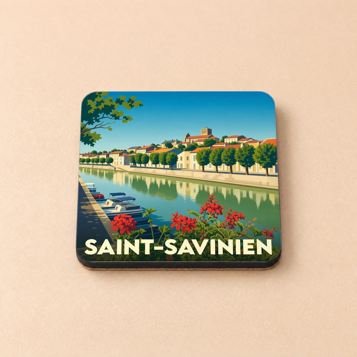 Dessous de verre souvenir de la ville de Saint-Savinien avec une illustration stylisée des bords de Charente.