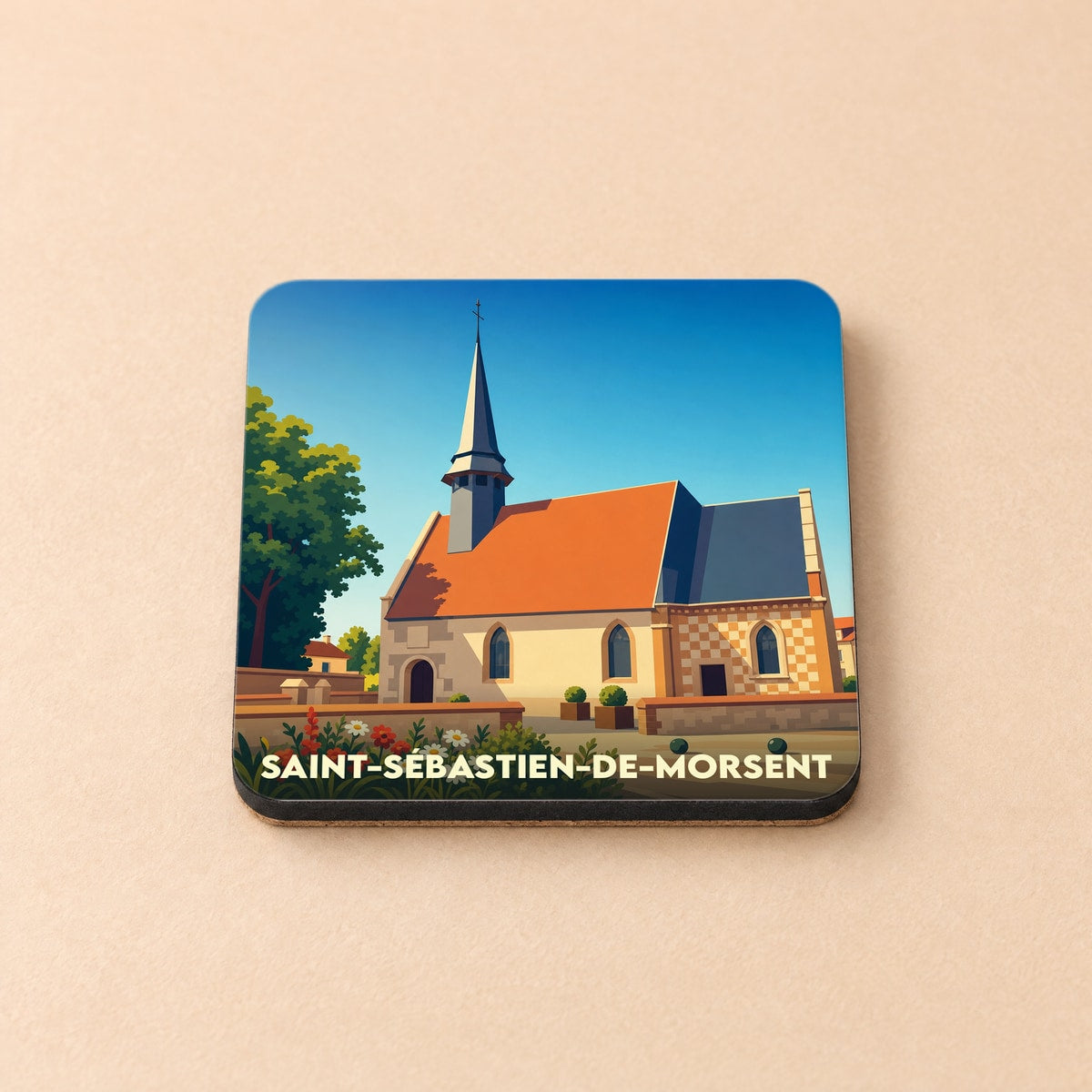 Dessous de verre souvenir de la ville de Saint-Sébastien-de-Morsent avec une illustration stylisée de son église.