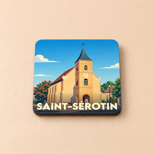 Dessous de verre souvenir de la ville de Saint-Sérotin illustré d'une vue stylisée de son église.