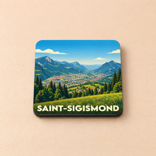 Dessous de verre souvenir de la ville de Saint-Sigismond avec une illustration stylisée d'un paysage de montagne.