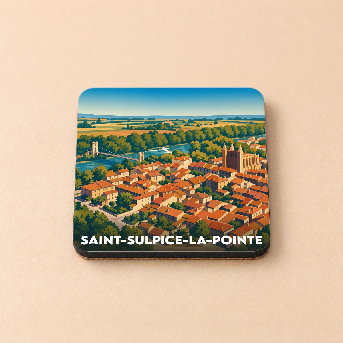 Dessous de verre souvenir de la ville de Saint-Sulpice-la-Pointe avec une illustration stylisée.