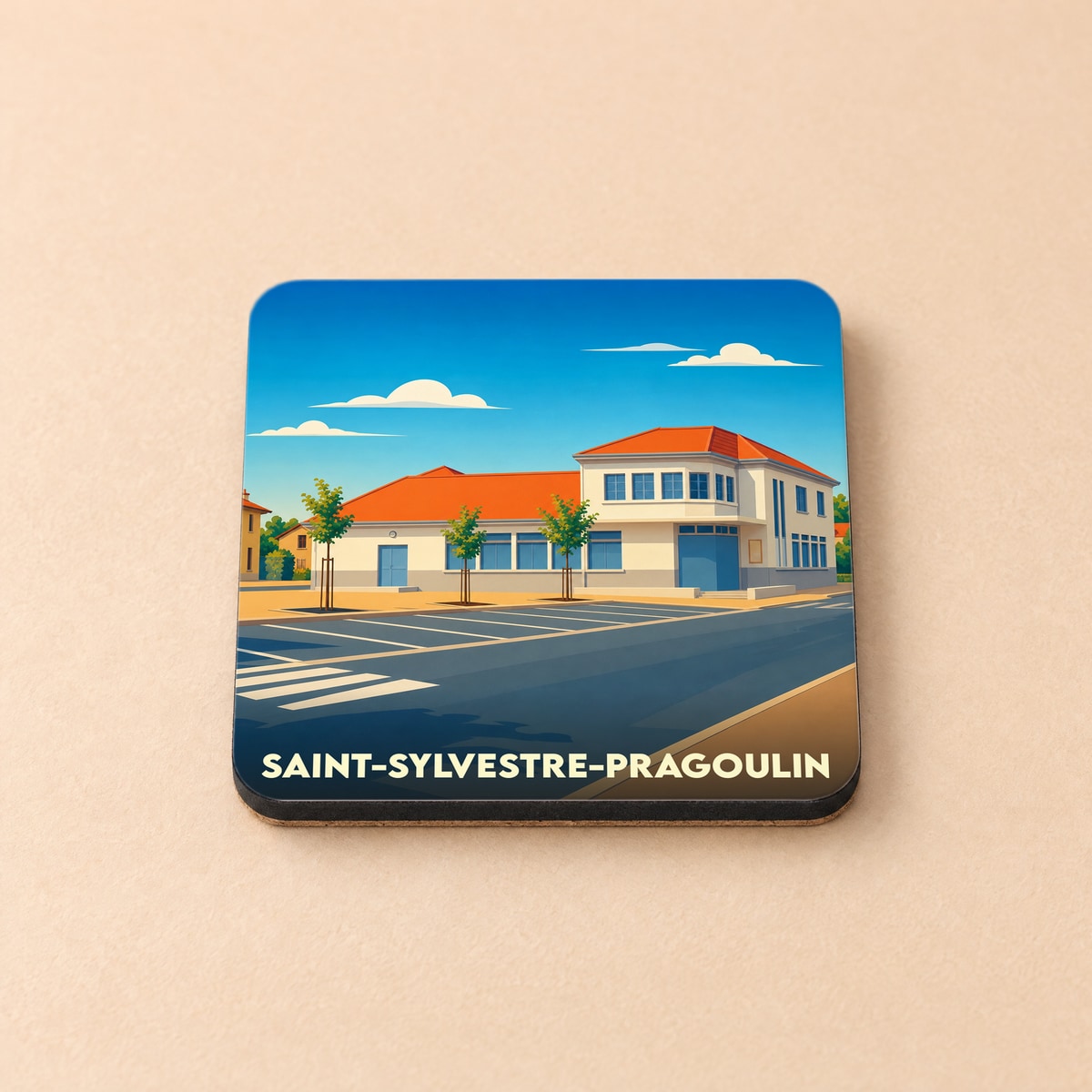 Dessous de verre souvenir de la ville de Saint-Sylvestre-Pragoulin avec une illustration stylisée de ses bâtiments.