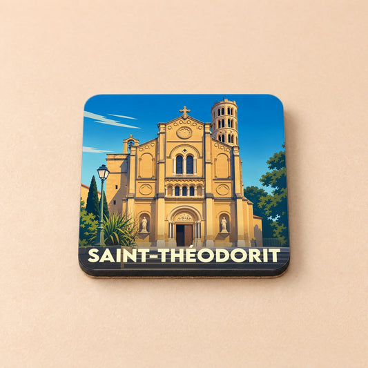 Dessous de verre souvenir de la ville de Saint-Théodorit avec une illustration stylisée de sa cathédrale.