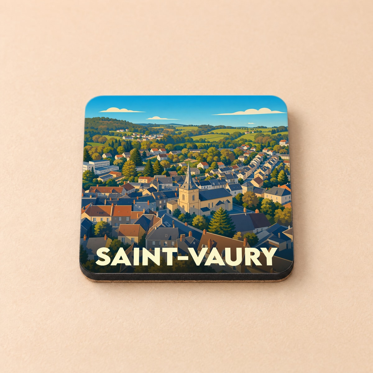 Dessous de verre souvenir de la ville de Saint-Vaury avec une illustration stylisée de ses paysages.