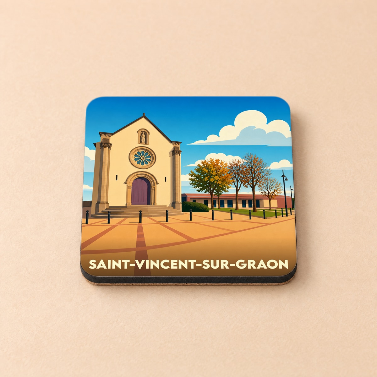 Dessous de verre souvenir de la ville de Saint-Vincent-sur-Graon avec une illustration stylisée de son église.