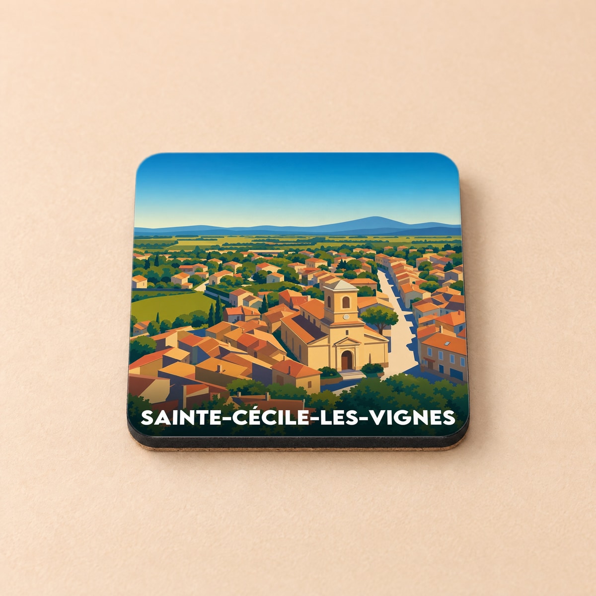 Dessous de verre souvenir de la ville de Sainte-Cécile-les-Vignes avec une illustration stylisée.
