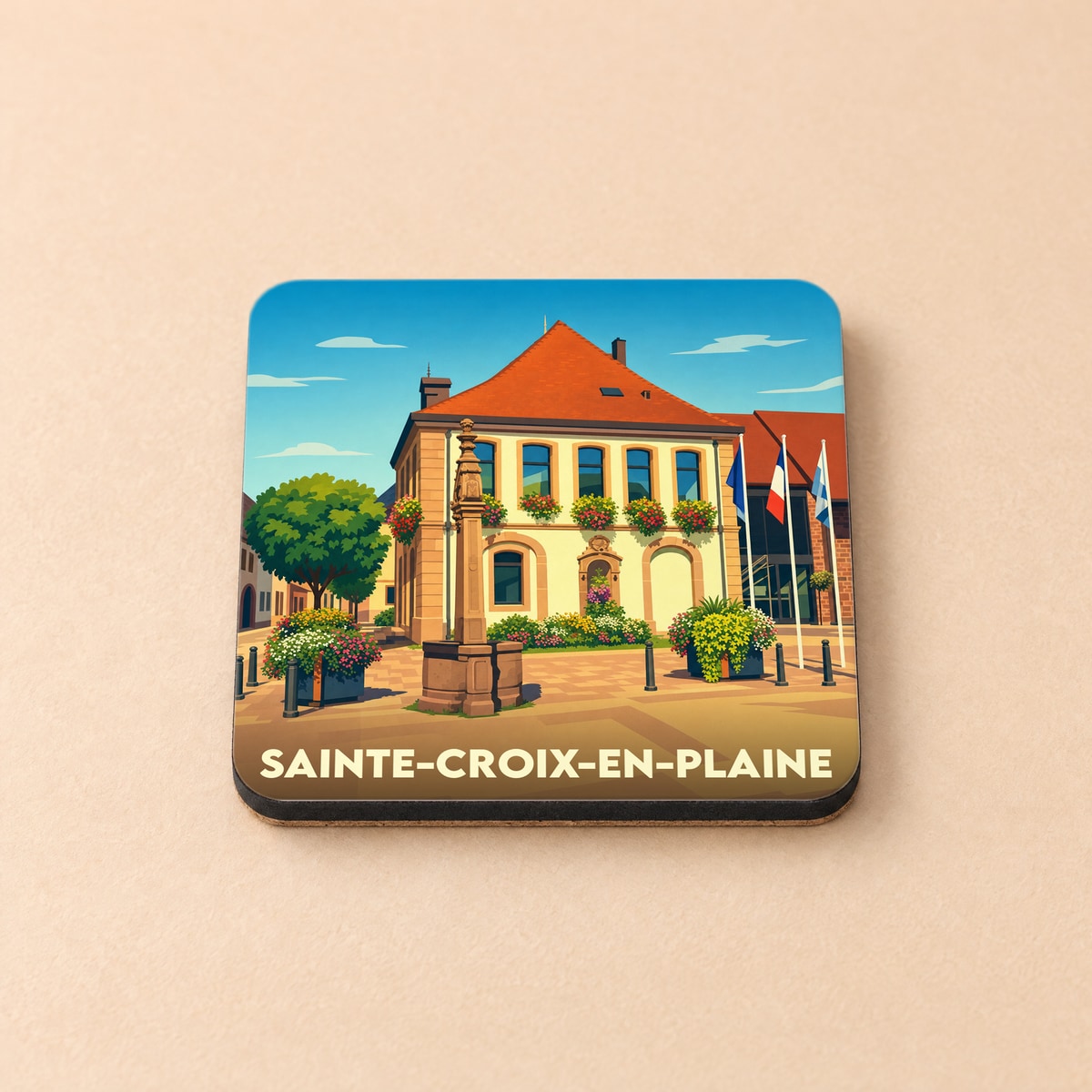 Dessous de verre souvenir de la ville de Sainte-Croix-en-Plaine avec une illustration stylisée de sa mairie fleurie.