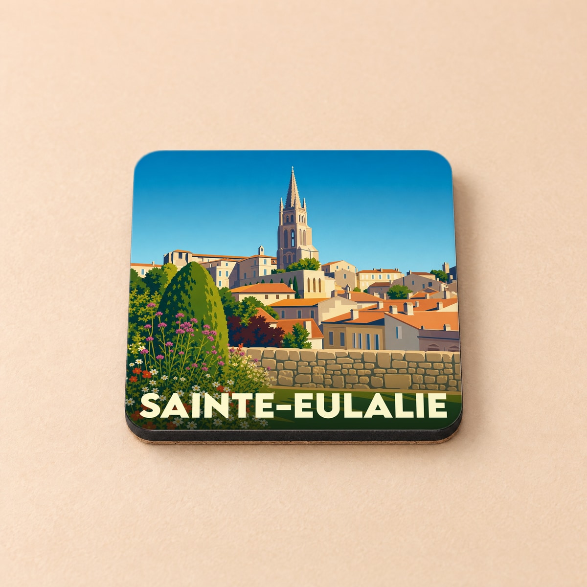 Dessous de verre souvenir de la ville de Sainte-Eulalie avec une illustration stylisée.