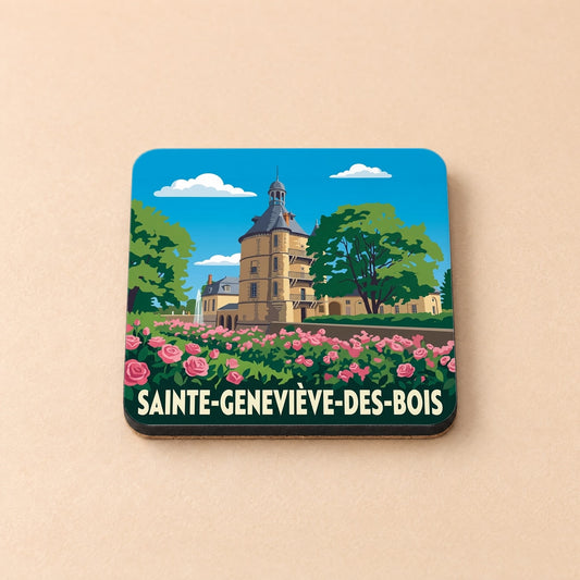 Dessous de verre souvenir de Sainte-Geneviève-des-Bois avec une illustration stylisée du donjon et de sa roseraie.