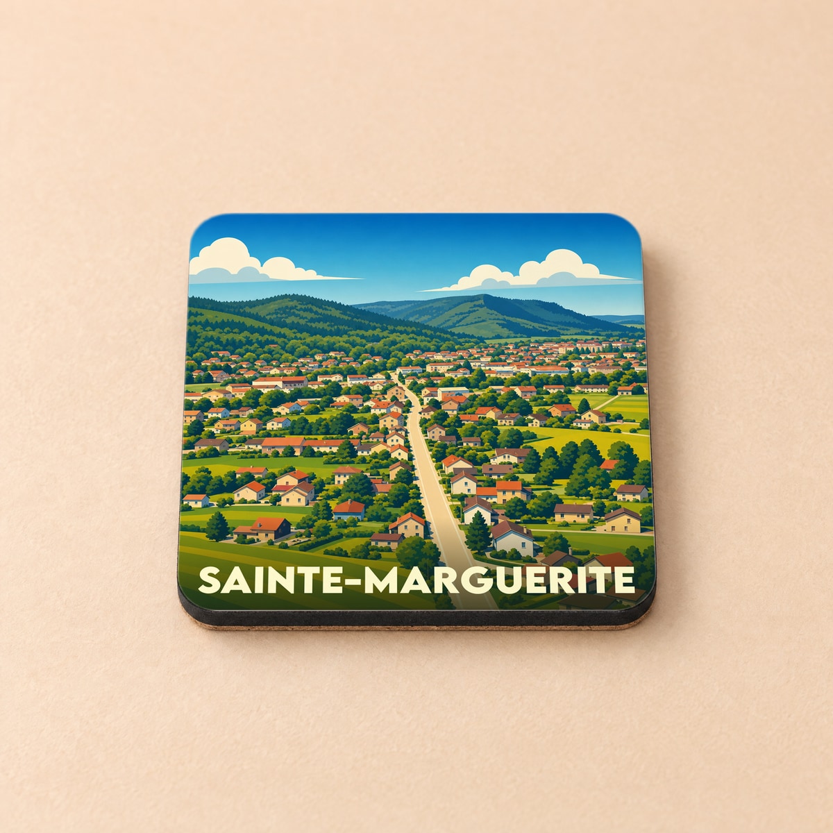 Dessous de verre souvenir de la ville de Sainte-Marguerite avec une illustration stylisée.