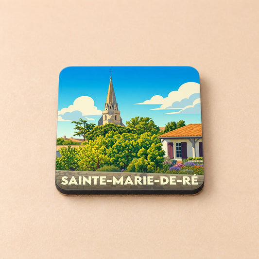 Dessous de verre souvenir de la ville de Sainte-Marie-de-Ré avec une illustration stylisée.
