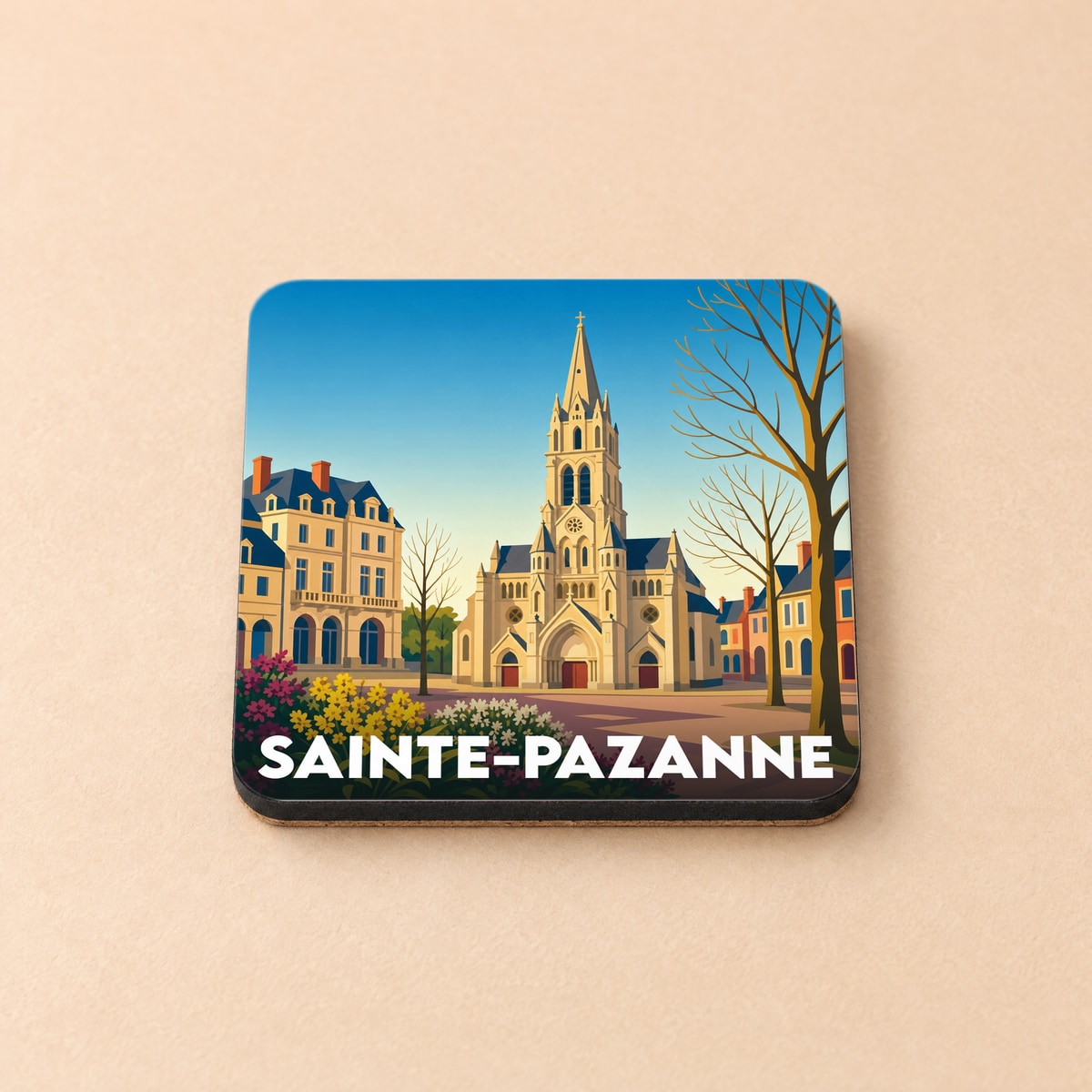 Dessous de verre souvenir de la ville de Sainte-Pazanne avec une illustration stylisée de son église.