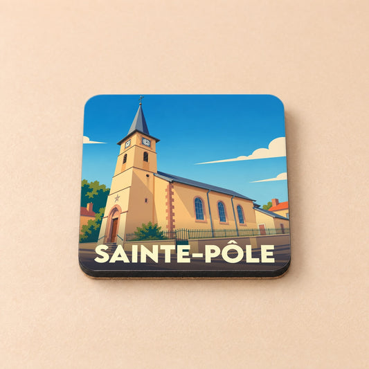 Dessous de verre souvenir de la ville de Sainte-Pôle avec une illustration stylisée de son église.