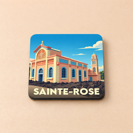 Dessous de verre souvenir de la ville de Sainte-Rose arborant une illustration stylisée de l'église Notre-Dame-des-Laves.
