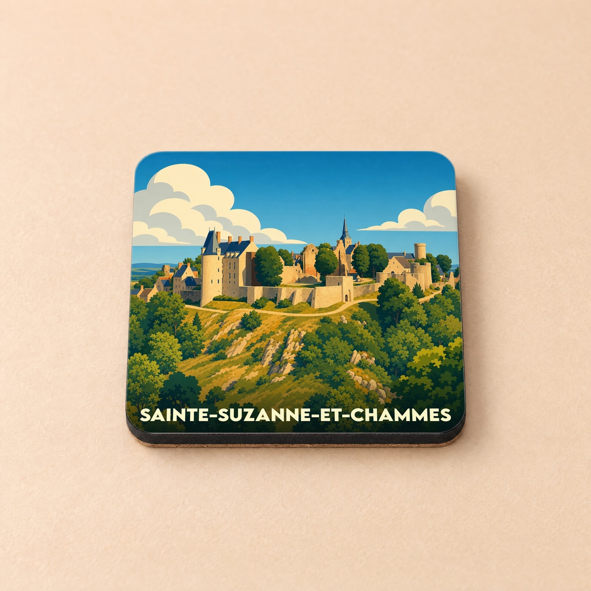 Dessous de verre souvenir de la ville de Sainte-Suzanne-et-Chammes avec une illustration stylisée de sa cité médiévale.