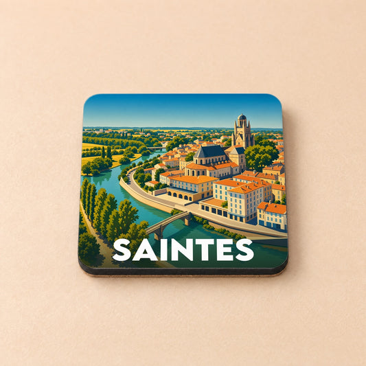 Dessous de verre souvenir de la ville de Saintes avec une illustration stylisée des monuments en bord de Charente.