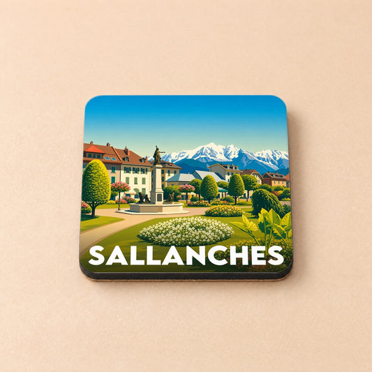 Dessous de verre souvenir de la ville de Sallanches avec une illustration stylisée d'un parc fleuri devant les montagnes.