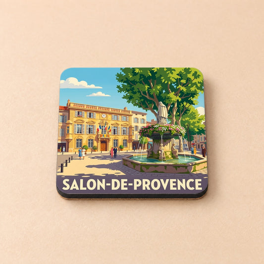 Dessous de verre souvenir de Salon-de-Provence illustré d'une scène de place provençale avec fontaine.