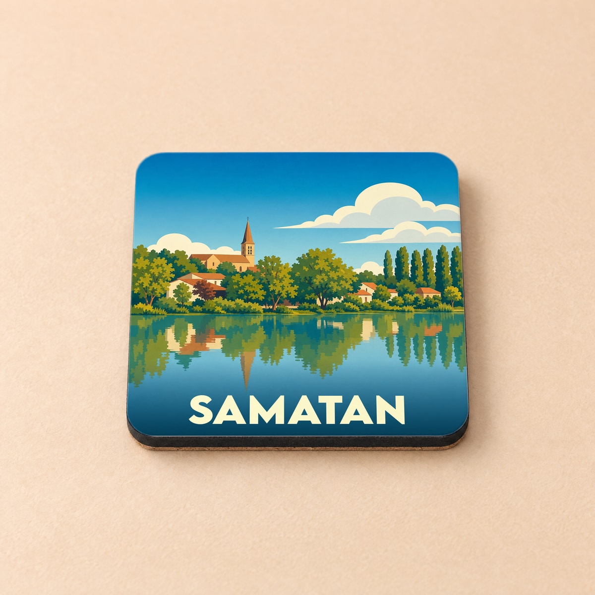 Dessous de verre souvenir de la ville de Samatan avec une illustration stylisée d'un paysage au bord de l'eau.