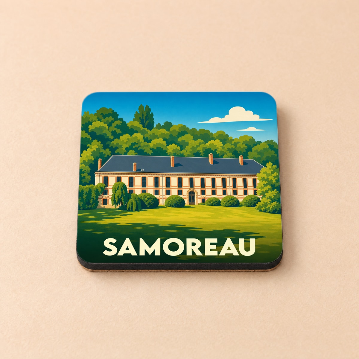 Dessous de verre souvenir de la ville de Samoreau avec une illustration stylisée d'un bâtiment historique.