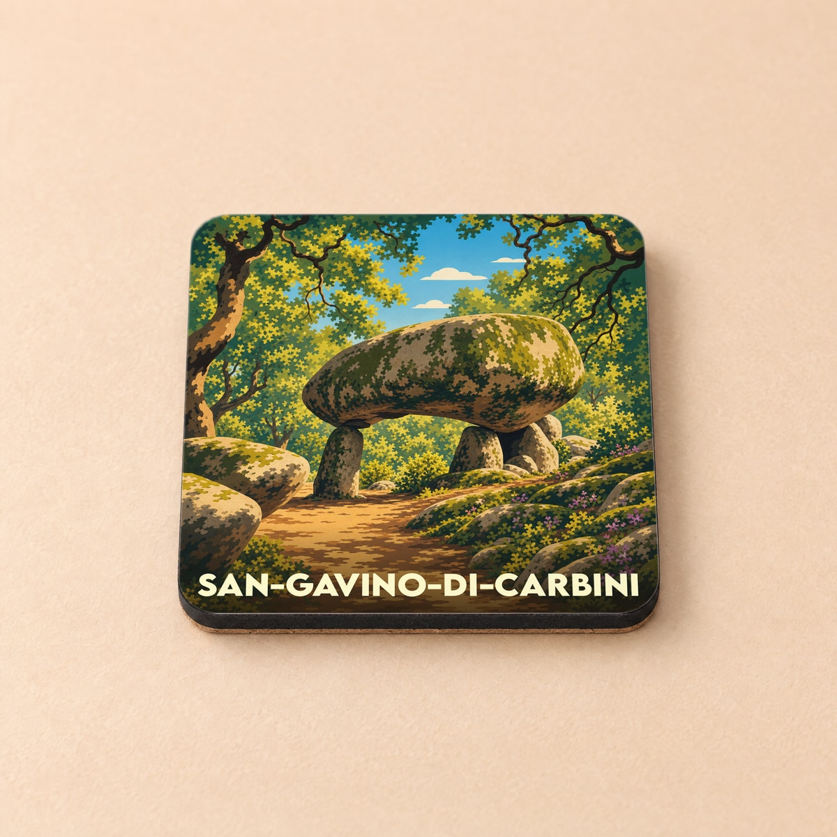 Dessous de verre souvenir de la ville de San-Gavino-di-Carbini avec une illustration stylisée d'un dolmen dans une forêt.