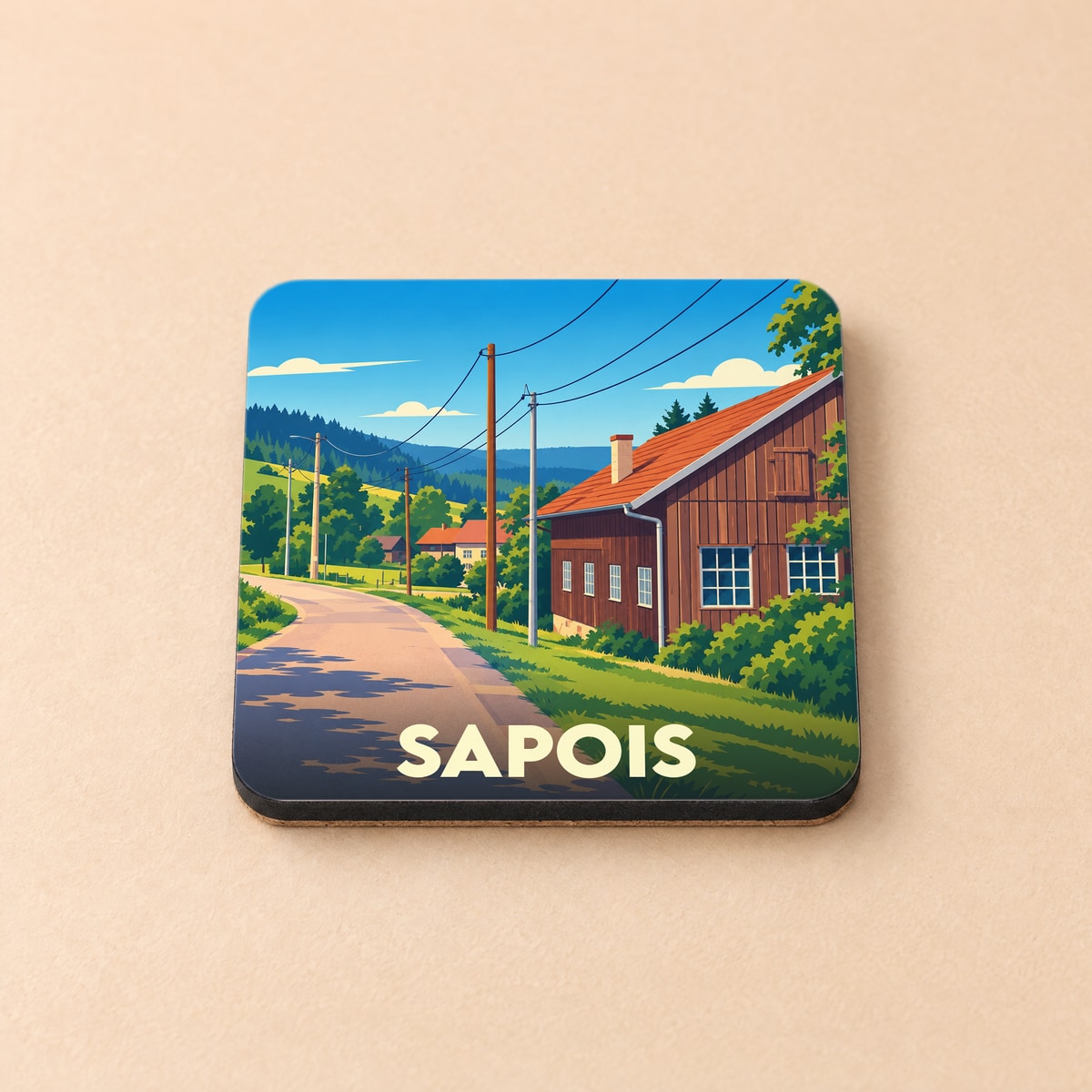 Dessous de verre souvenir de la ville de Sapois avec une illustration stylisée d'un paysage rural vosgien.
