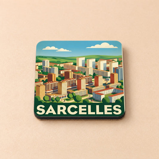 Dessous de verre souvenir de la ville de Sarcelles avec une illustration stylisée de son paysage urbain.