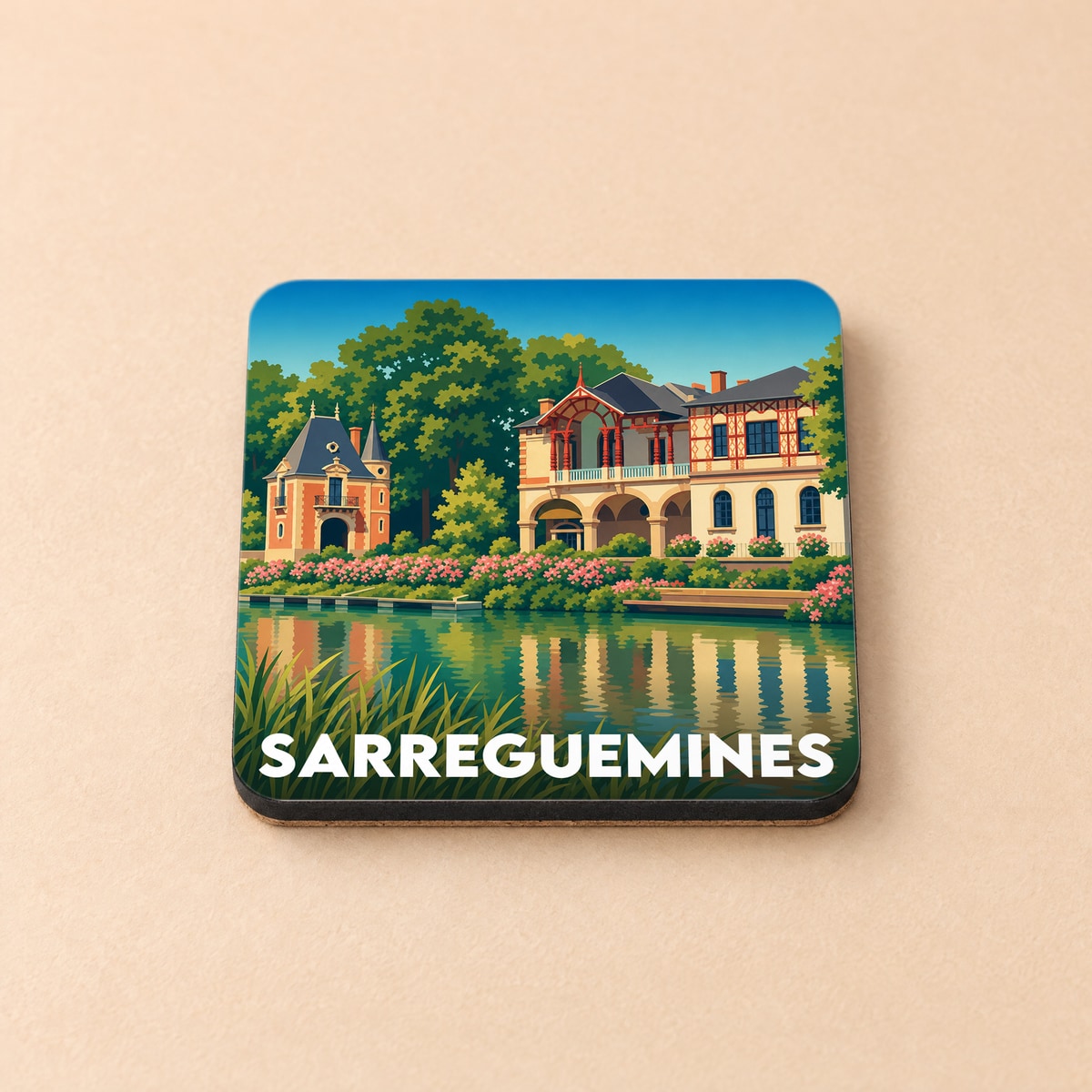 Dessous de verre souvenir de la ville de Sarreguemines avec une illustration colorée des bords de la Sarre.