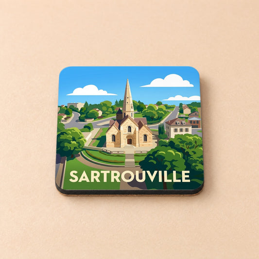 Dessous de verre souvenir de la ville de Sartrouville avec une illustration stylisée de son église et de ses paysages.