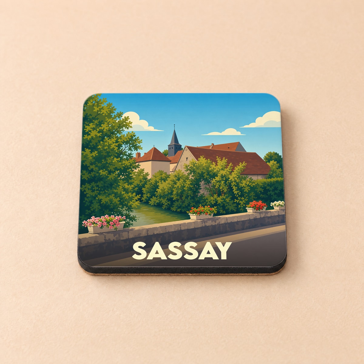 Dessous de verre souvenir de la ville de Sassay avec une illustration stylisée d'un paysage urbain au bord de l'eau.