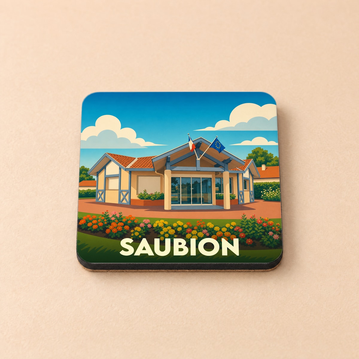 Dessous de verre souvenir de la ville de Saubion avec une illustration stylisée de sa mairie.