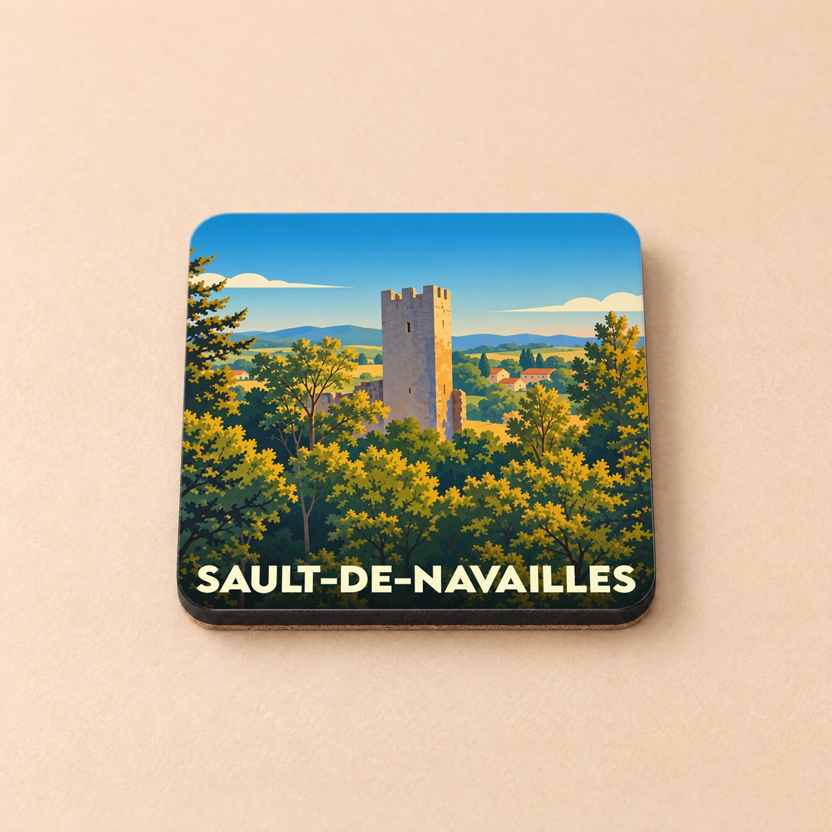 Dessous de verre souvenir de la ville de Sault-de-Navailles avec une illustration stylisée d'une tour médiévale en pleine nature.