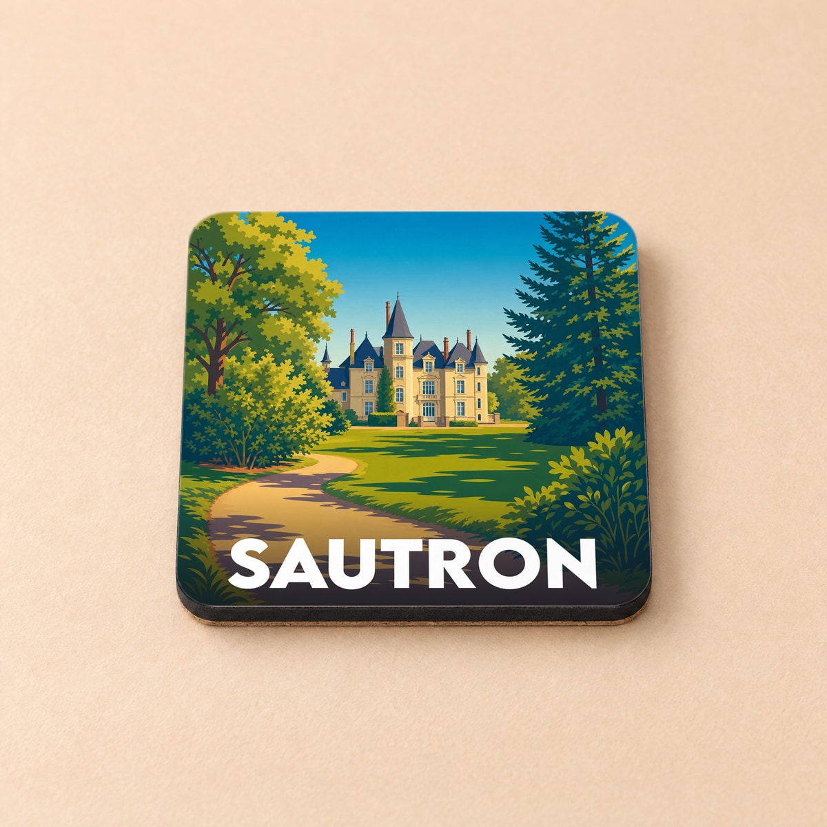 Dessous de verre souvenir de la ville de Sautron avec une illustration stylisée d'un château entouré de verdure.