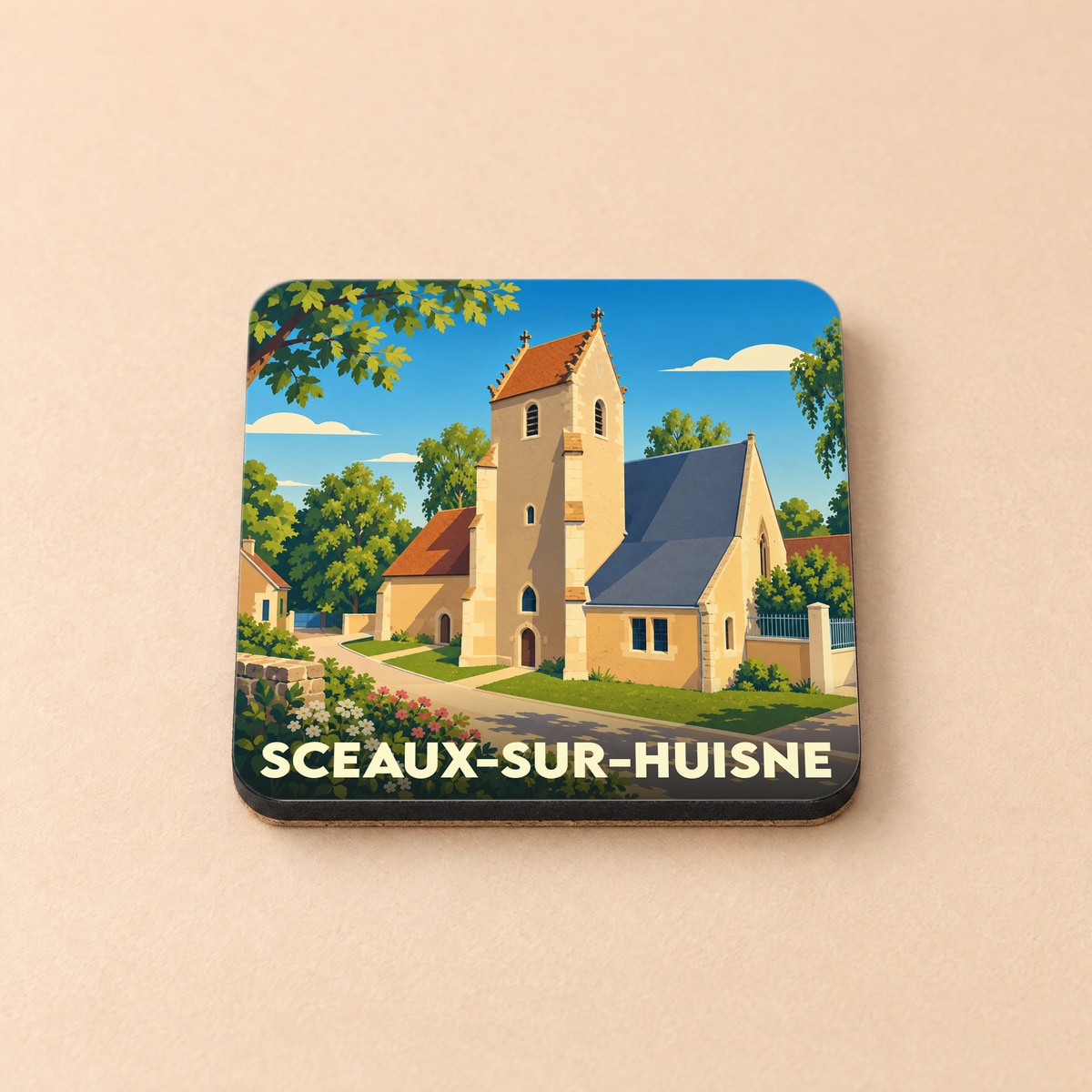 Dessous de verre souvenir de la ville de Sceaux-sur-Huisne avec une illustration stylisée de son église.