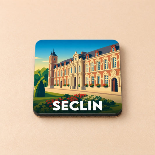 Dessous de verre souvenir de la ville de Seclin avec une illustration stylisée de l'Hôpital Notre-Dame.