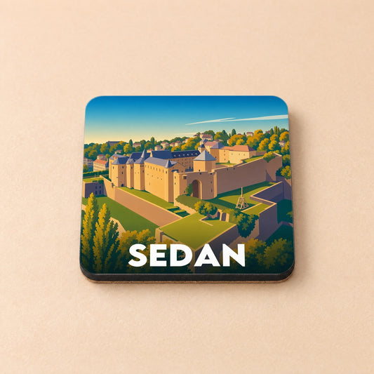 Dessous de verre souvenir de la ville de Sedan avec une illustration stylisée de son château fort.